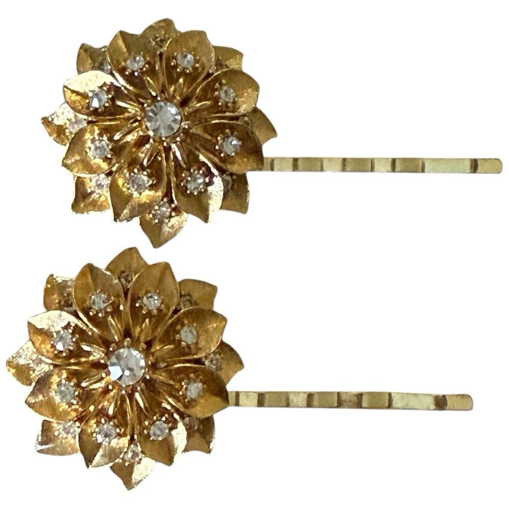 Holiday Bridal Gold Floral Crystal Hair Pins Wedding Clips Vintage Accessories